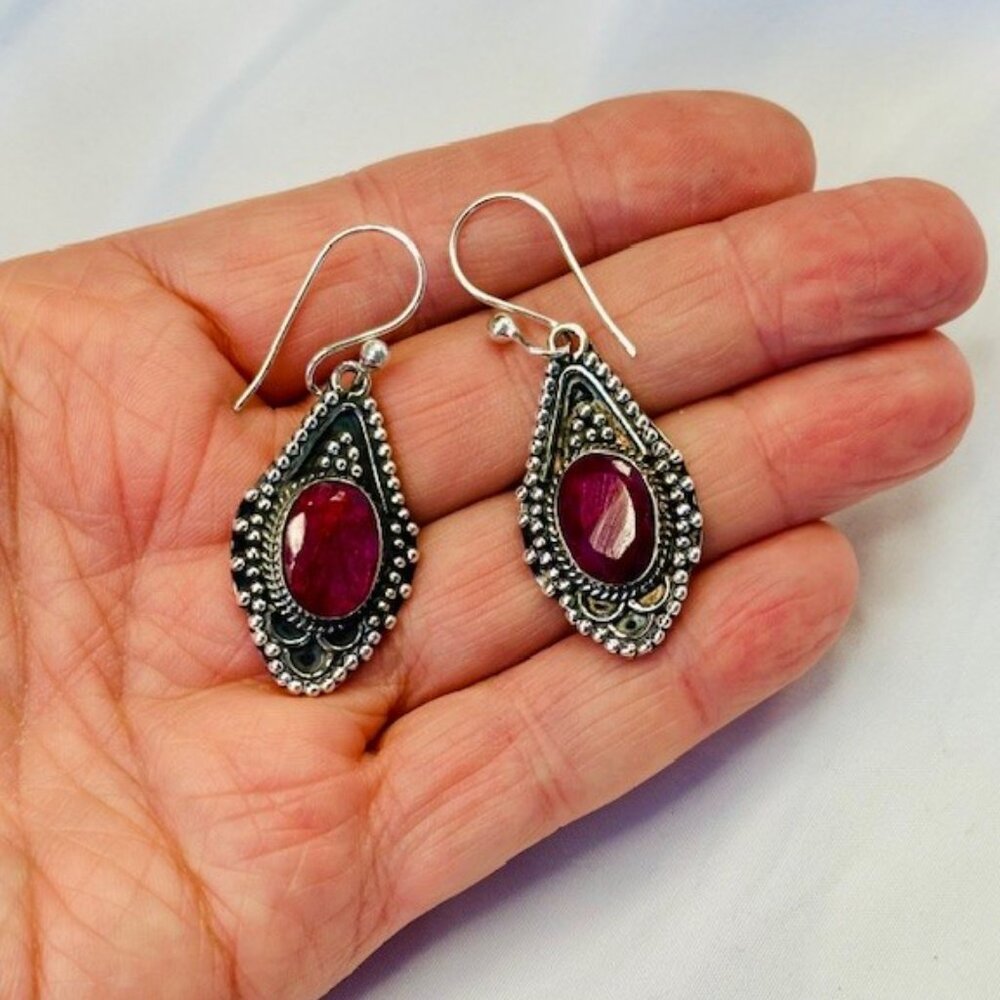 Sterling Silver Kashmir Ruby Dangle Drop Earrings - image 2